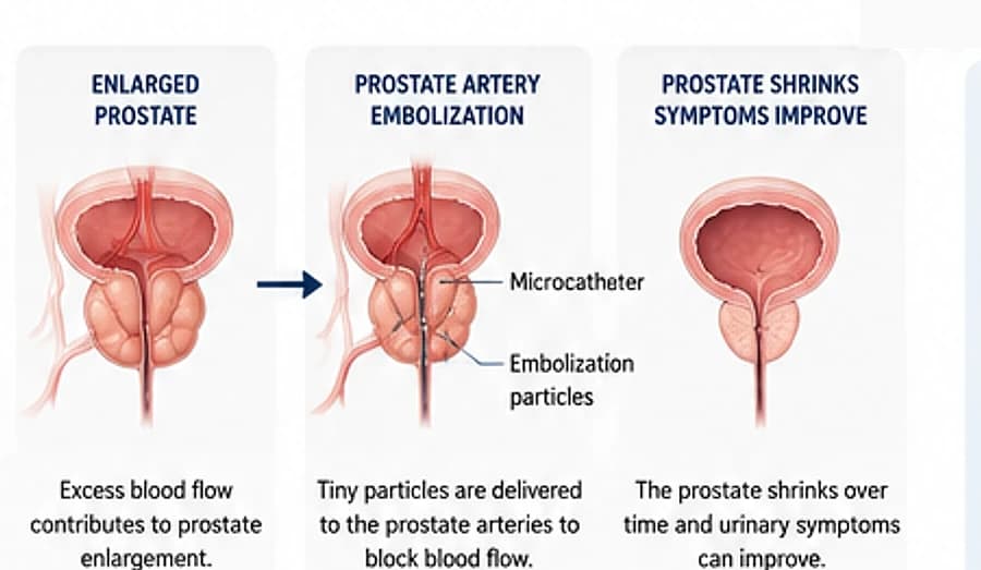 Diagram of how PAE works: an enlarged prostate, embolization particles delivered through a microcatheter to block blood flow, and the prostate shrinking as urinary symptoms improve